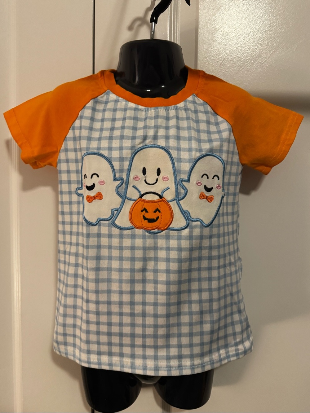 Marie Nicole Boutique Halloween Applique Ghost Tee with Orange Sleeves